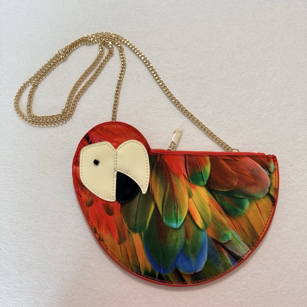 Swarovski Red Parrot Feather Print Crossbody Bag Gold Chain Crystal Eye